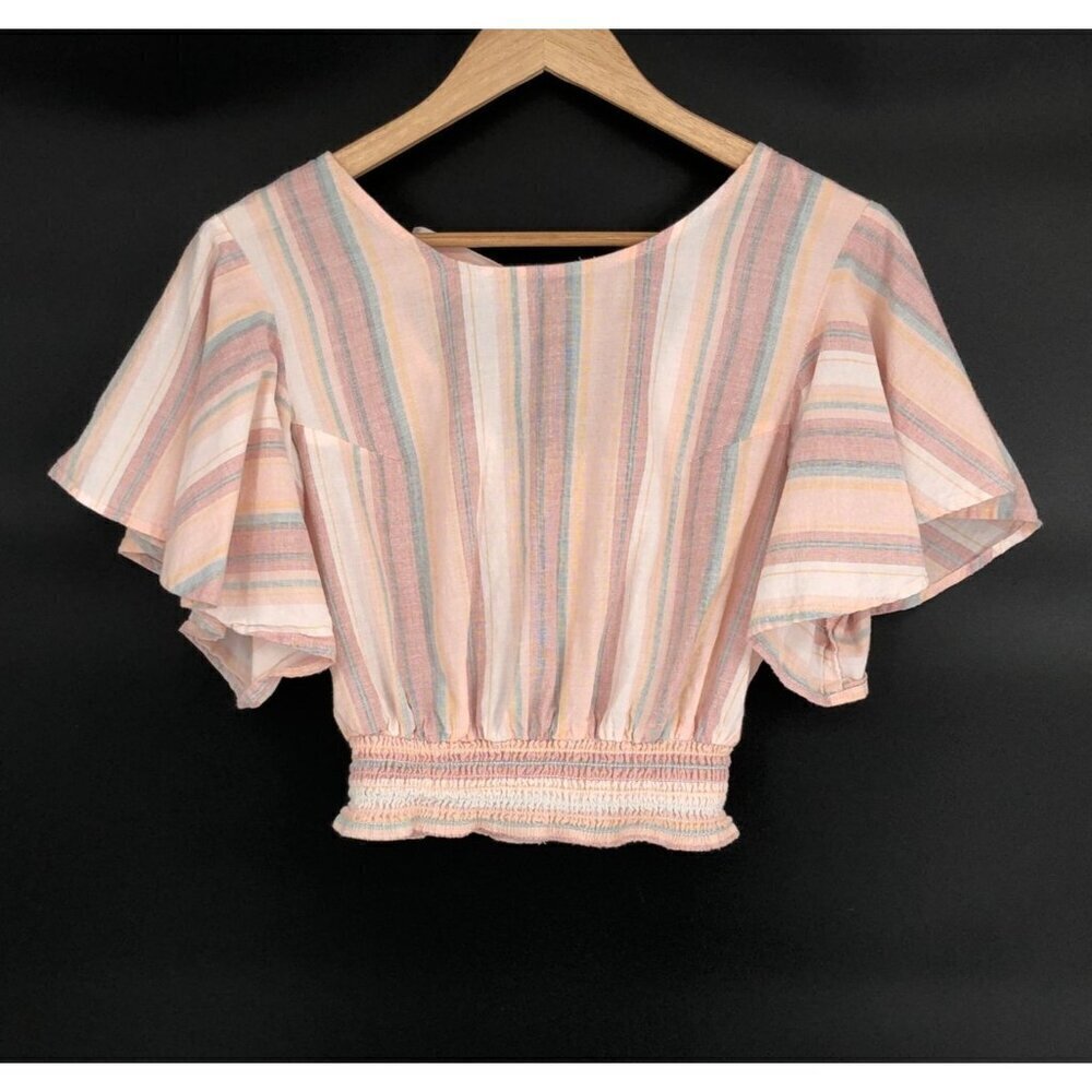 Japna Women Striped Fluter Sleeve Crop Top M Pink Pastel Feminine Coastal Summer